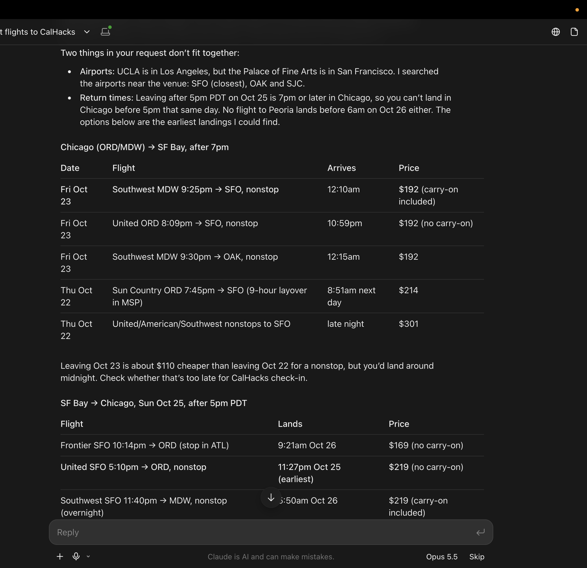 Screenshot: Claude / Google Flights search